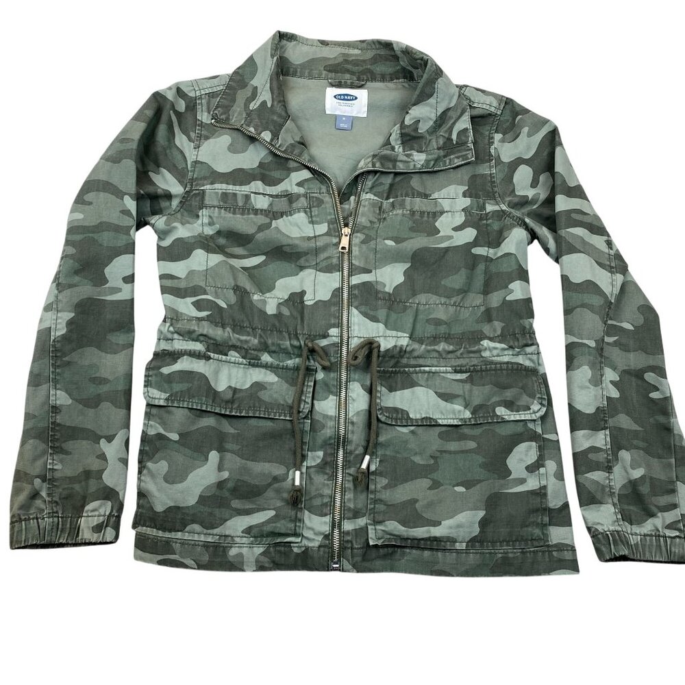 Old Navy Womens Camouflage Utility Jacket Medium Green Classic Elastic Waist